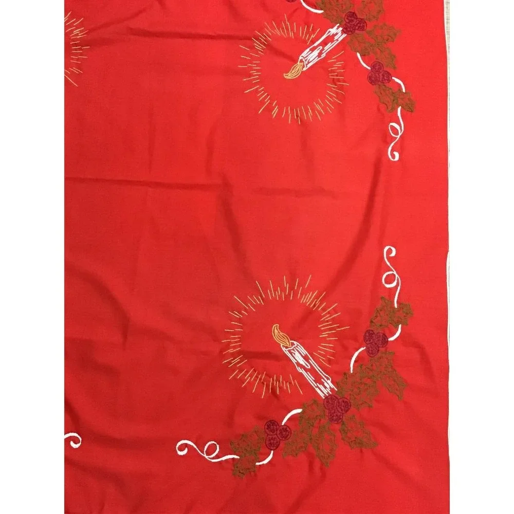 VTG 50's Christmas Tablecloth Red Embroidered Candles Holly 42x42 MCM Whimsical